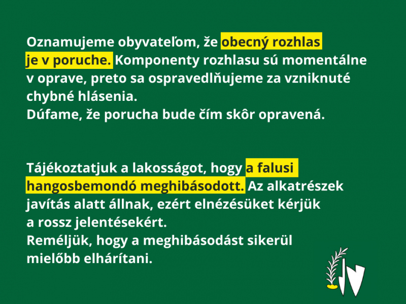 Aktuality / Porucha na obecnom rozhlase