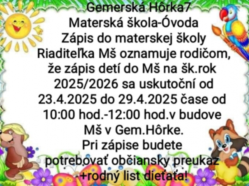 Úradná tabuľa / Zápis detí do materskej školy na školský rok 202