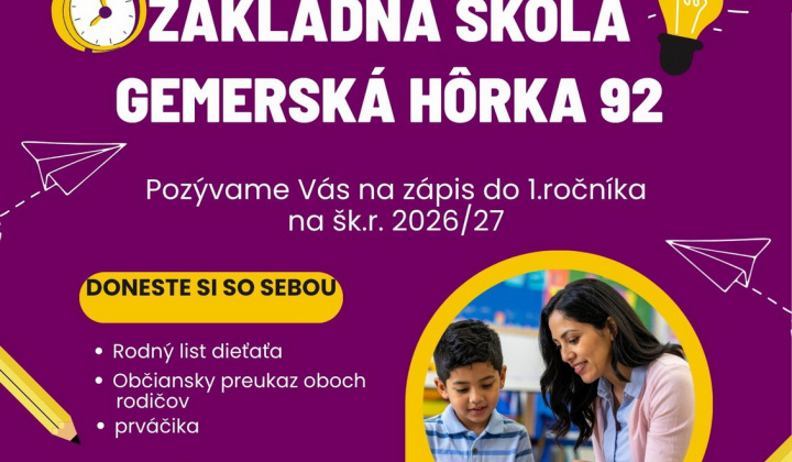 1. fotografia fotogalérie Aktuality / Zápis do základnej školy na školský rok 2026/2027 - foto