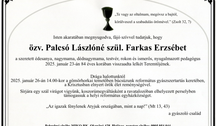 1. fotografia fotogalérie Aktuality / Palcsó Erzsébet - Gyászjelentés