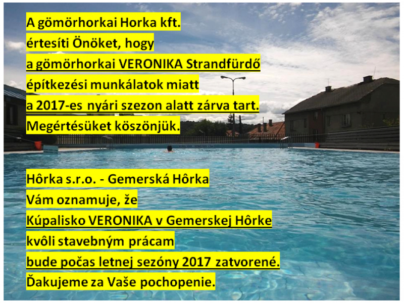 Aktuality / Kúpalisko VERONIKA bude zatvorené